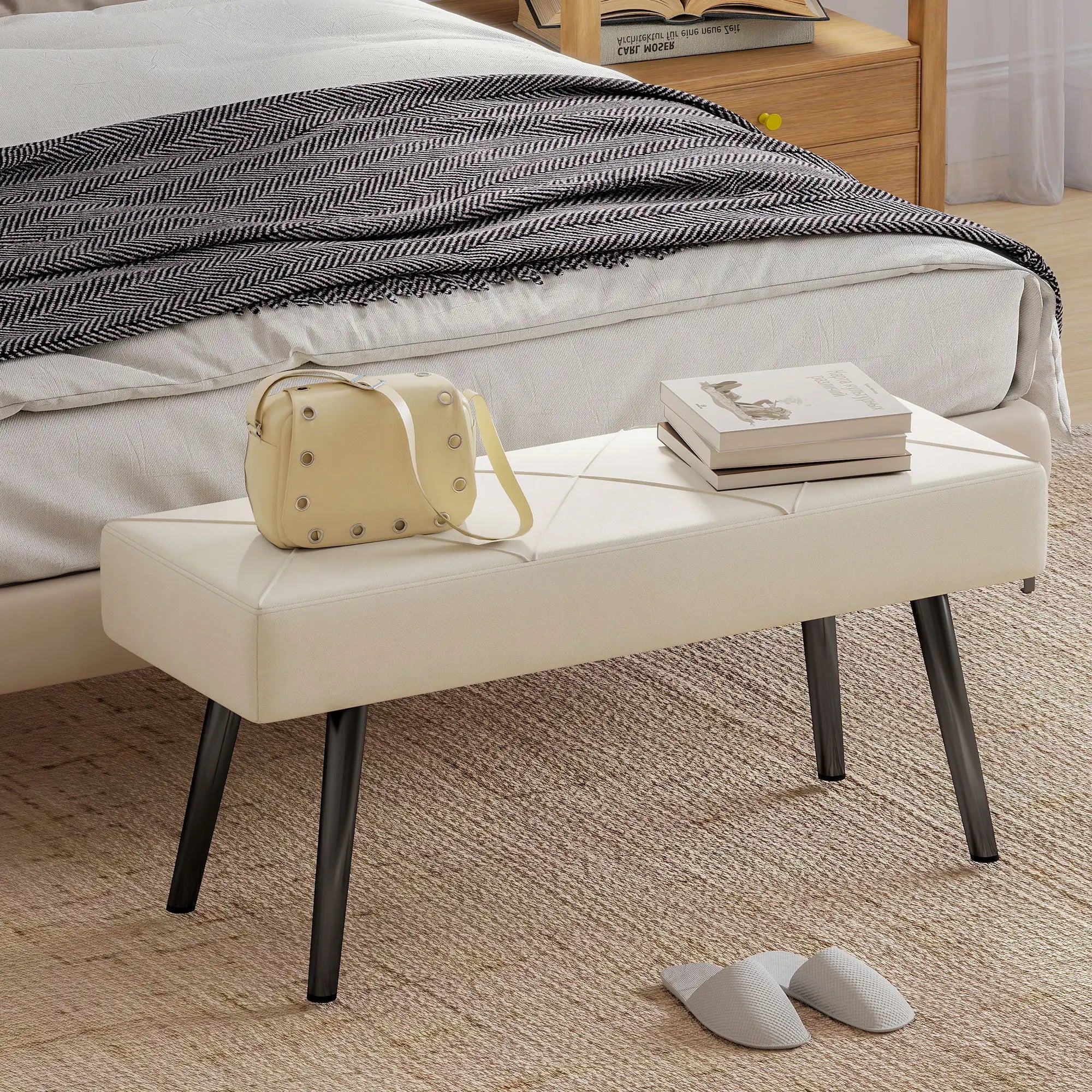 39 Inches Upholstered Bedroom Bench, Modern, Cream White Storage Ottomans & Benches at Gallery Canada