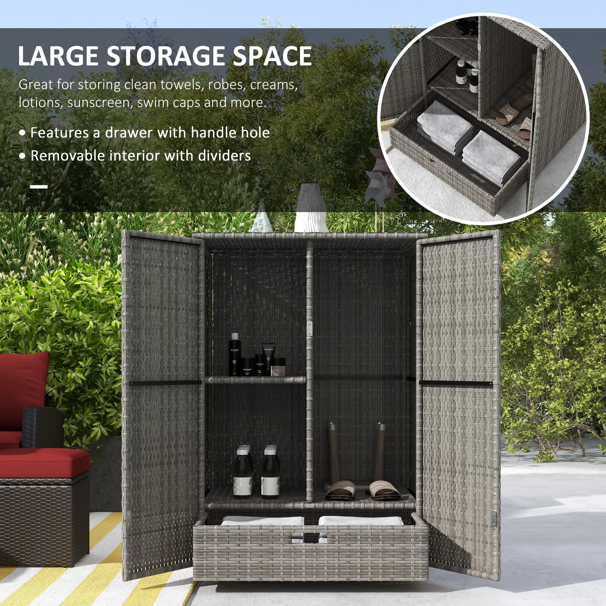 Wicker Outdoor Storage Cabinet, 2-Door Rattan, Dark Grey Patio Storage Boxes at Gallery Canada