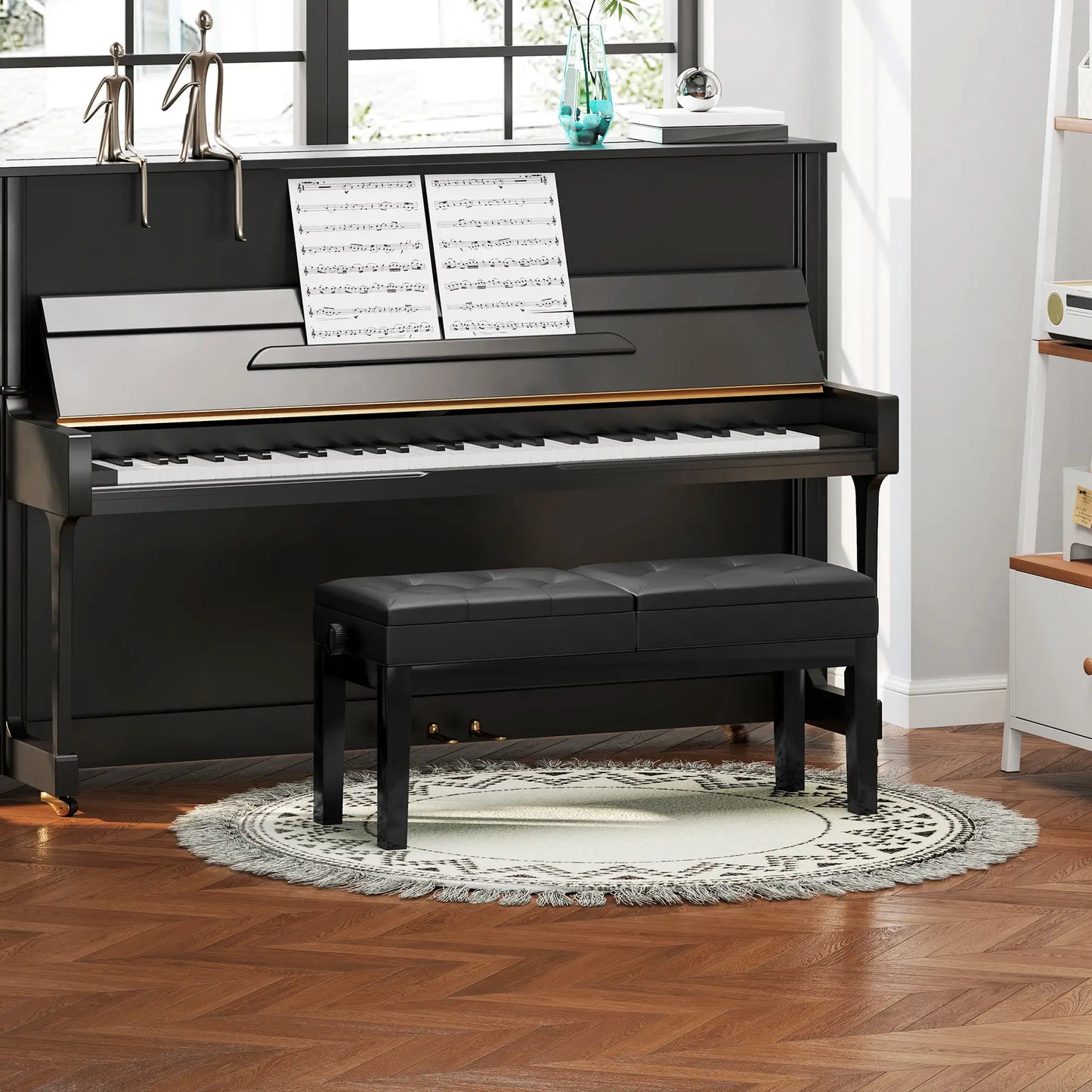 Height Adjustable Piano Bench with Storage, PU Leather Tufted, Black Piano Benches at Gallery Canada