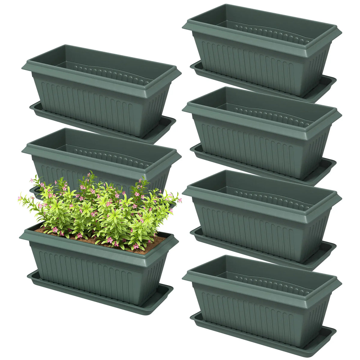 7 Pack 15.7" Plastic Flower Planters, Drainage Holes, Trays, Green Garden Accessories Green at Gallery Canada