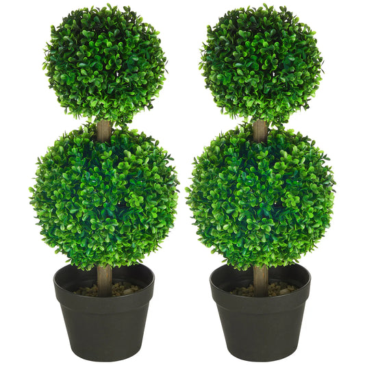 Artificial Boxwood Topiary Tree Set Of 2, Faux Plant In Pot, Green