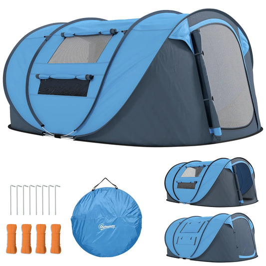 4 Person Pop Up Tent, Automatic Setup, With Doors, Windows, Carry Bag, Blue Camping Tents Blue, Grey at Gallery Canada