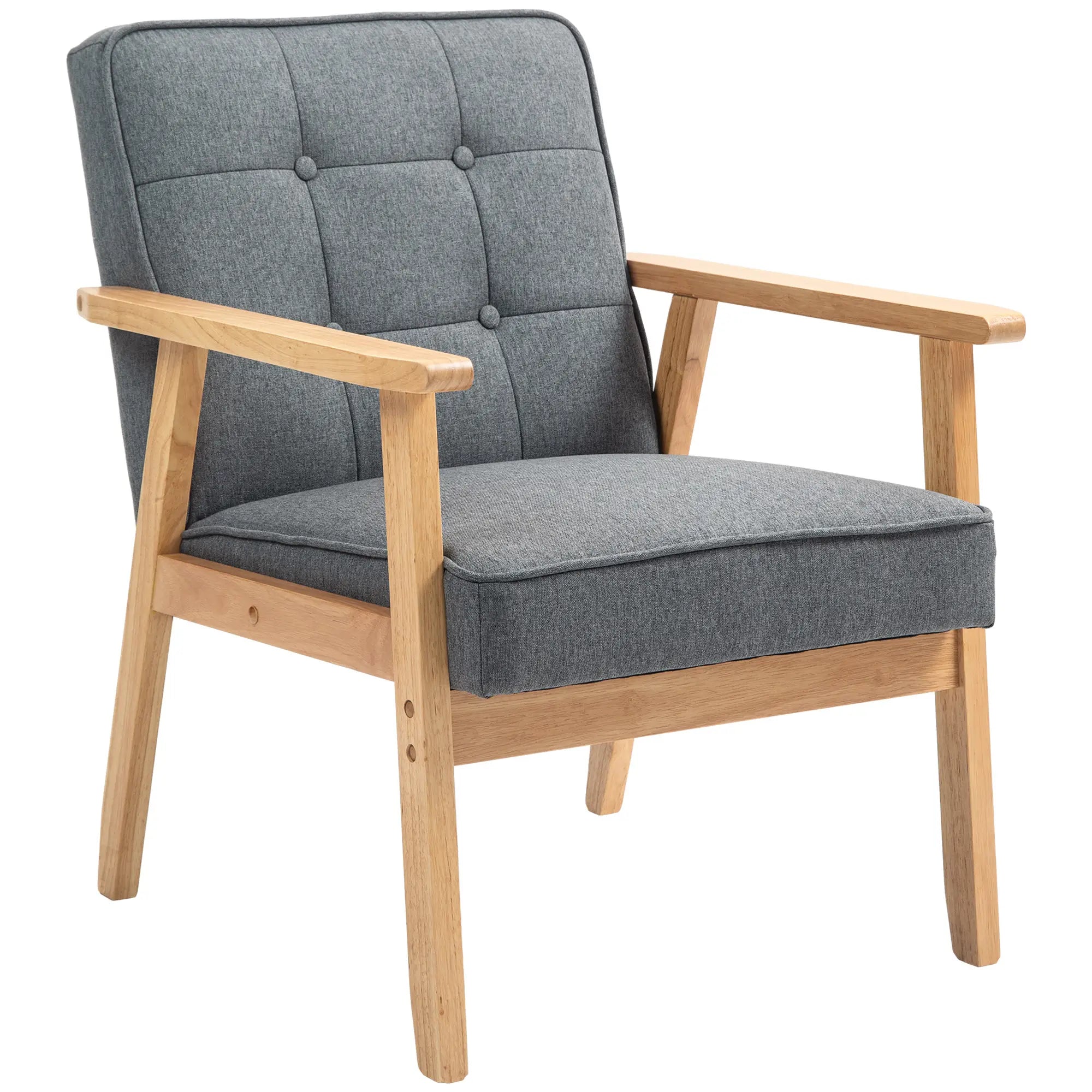 Modern Accent Chair with Button Tufted Back, Line-feel Fabric Armchair with Solid Wood Frame for Bedroom, Grey Accent Chairs Grey at Gallery Canada