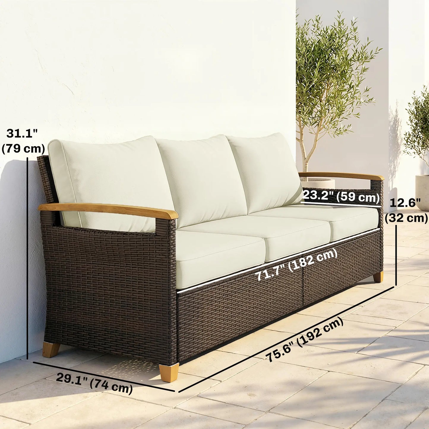 3 Seater Outdoor Sofa, PE Wicker Patio Furniture, 4" Cushions, Cream White Patio Furniture Sets at Gallery Canada