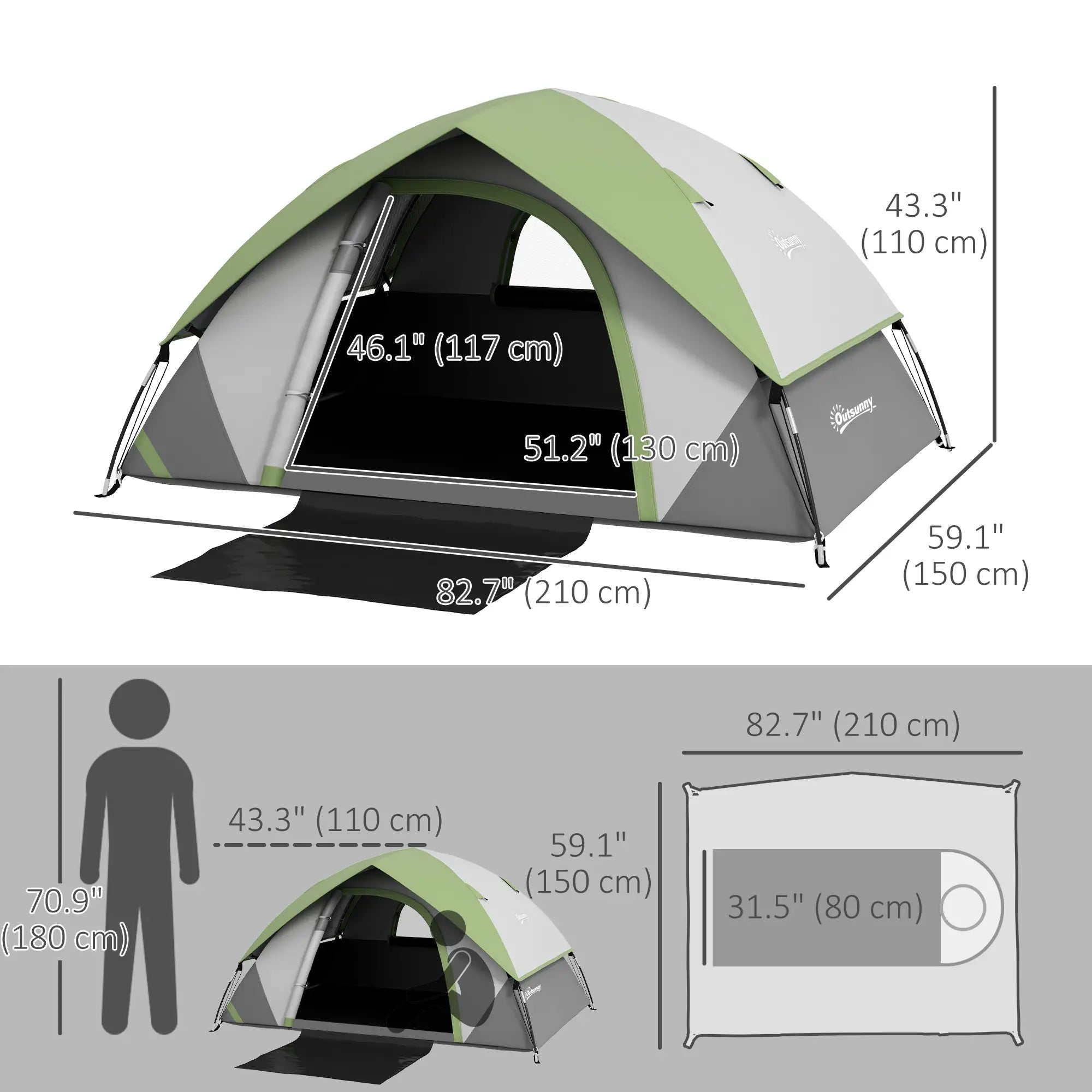 3000mm Waterproof 2 Man Camping Tent, Sewn-in Groundsheet, Carry Bag, Grey Green Camping Tents at Gallery Canada