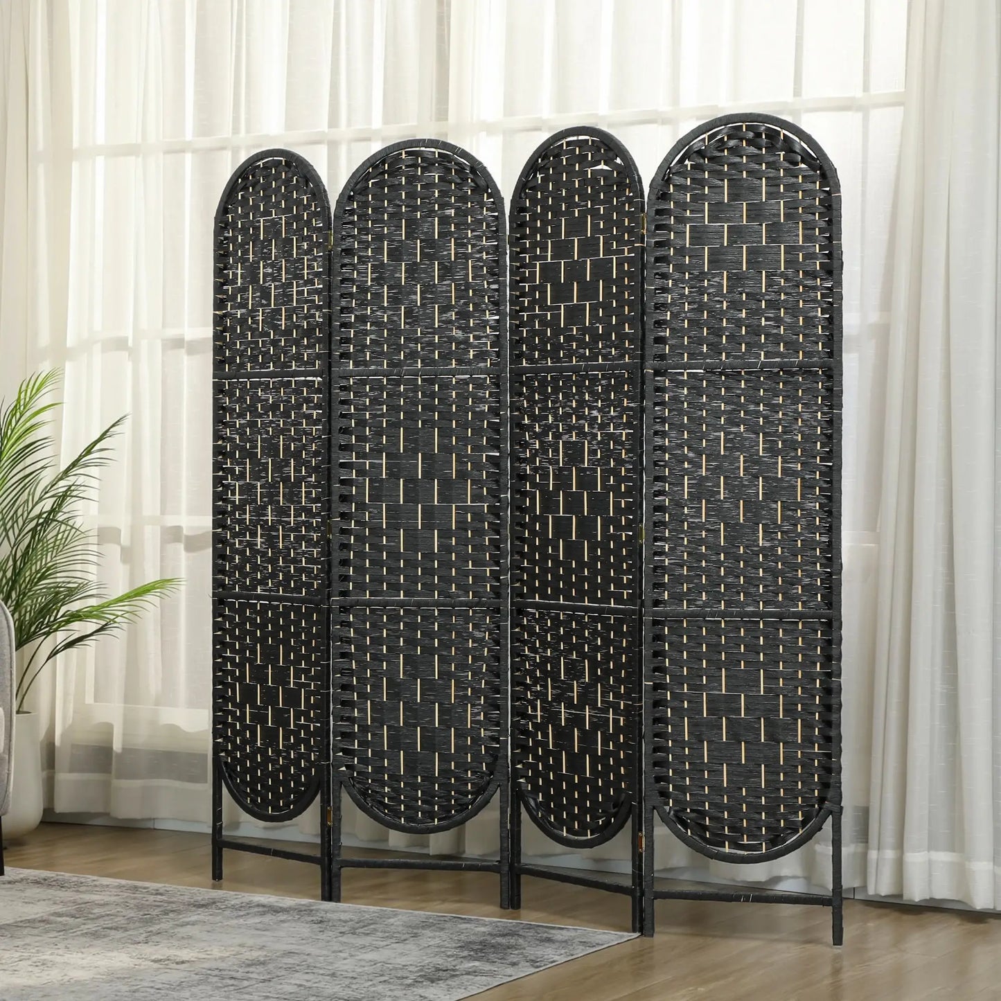 Bohemian Privacy Screen, 4 Panel Folding Room Divider, Arched Top, Black Room Dividers at Gallery Canada