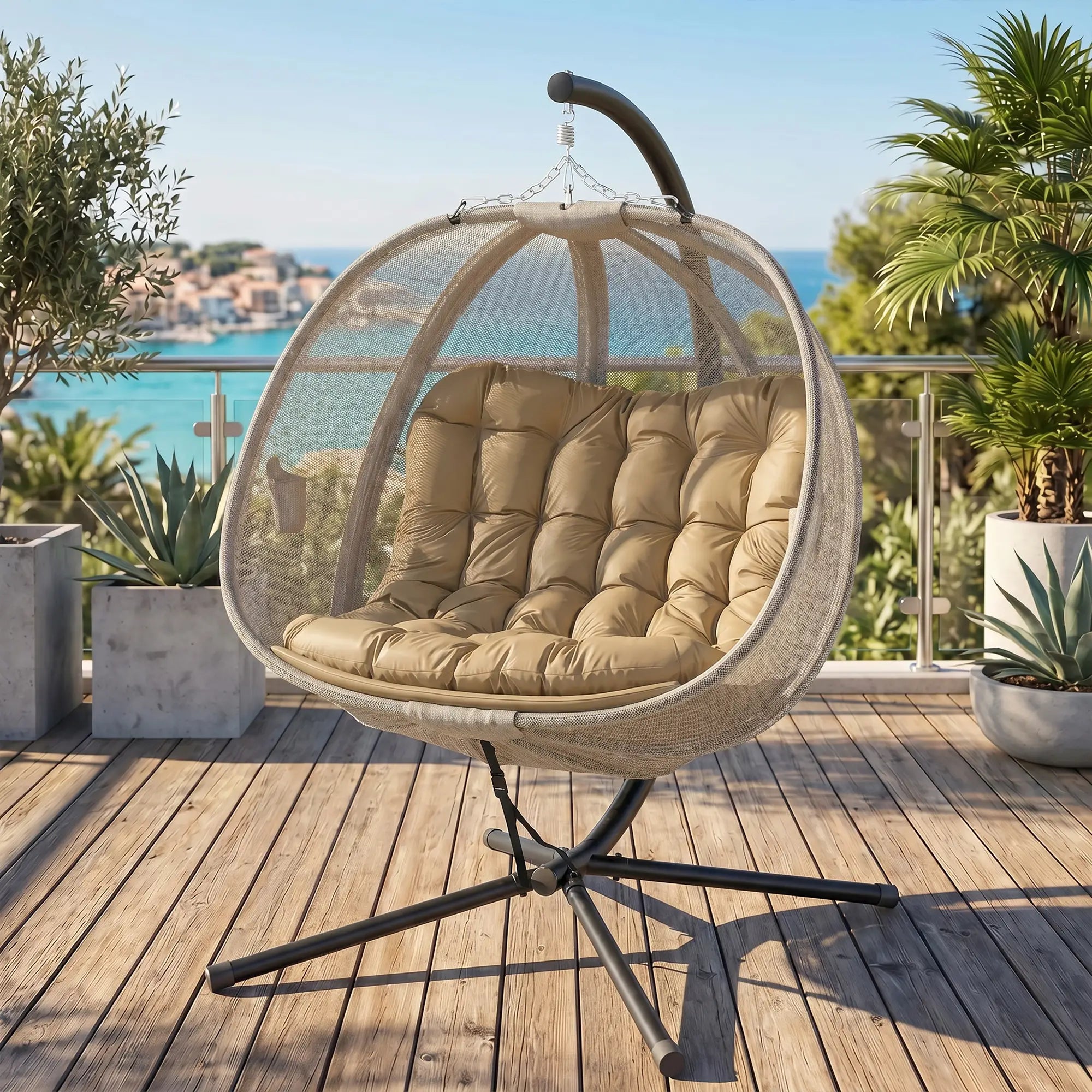 Double Egg Chair with Stand, 2 Person Hanging Swing, Khaki Patio Swings with Stand at Gallery Canada