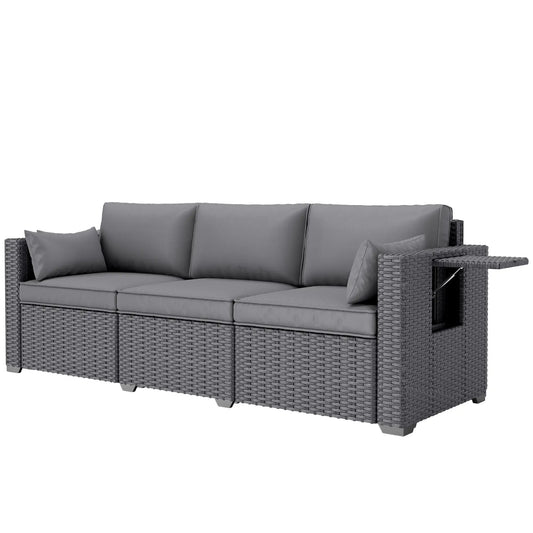 3 Seater Wicker Patio Sofa, 6" Thick Cushions, Deep Seating, Grey Patio Furniture Sets Dark Grey, Grey at Gallery Canada