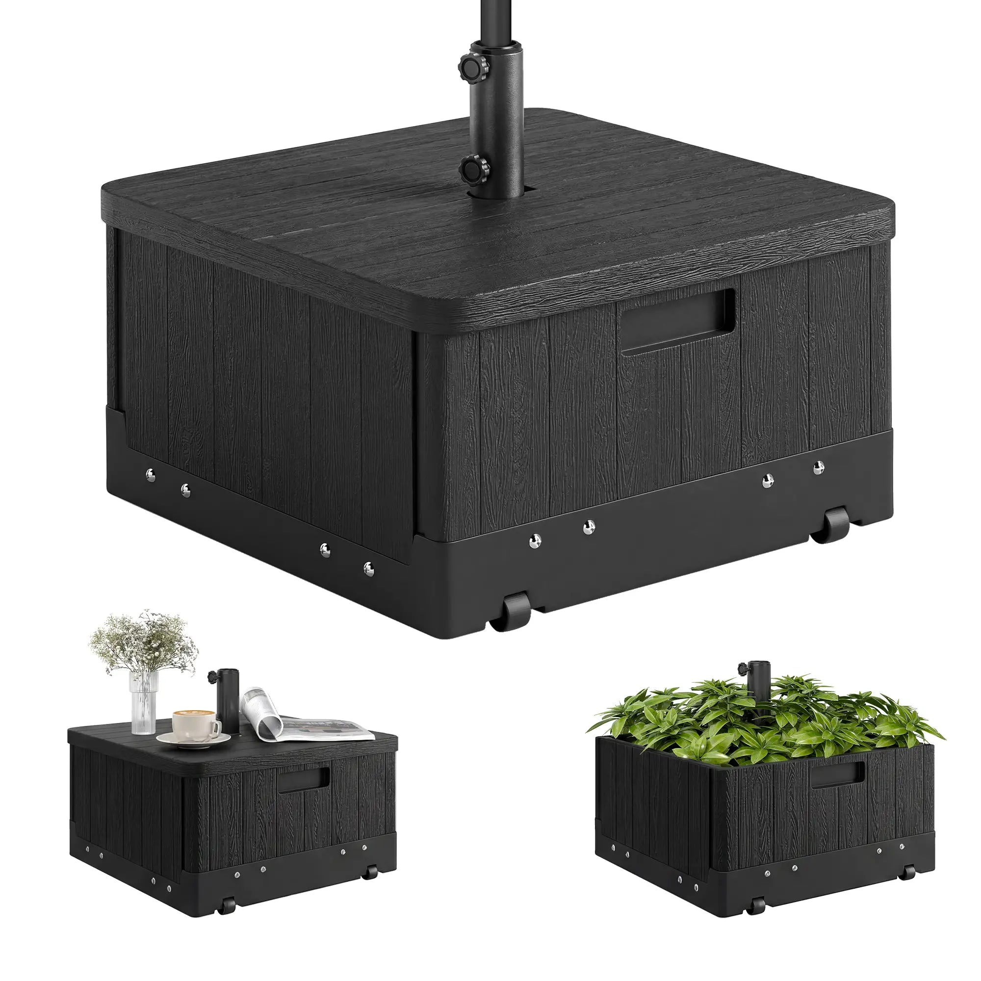 3-in-1 Outdoor Umbrella Base with Wheels, Side Table, Planter Box, 175lbs, Black Umbrella Bases at Gallery Canada