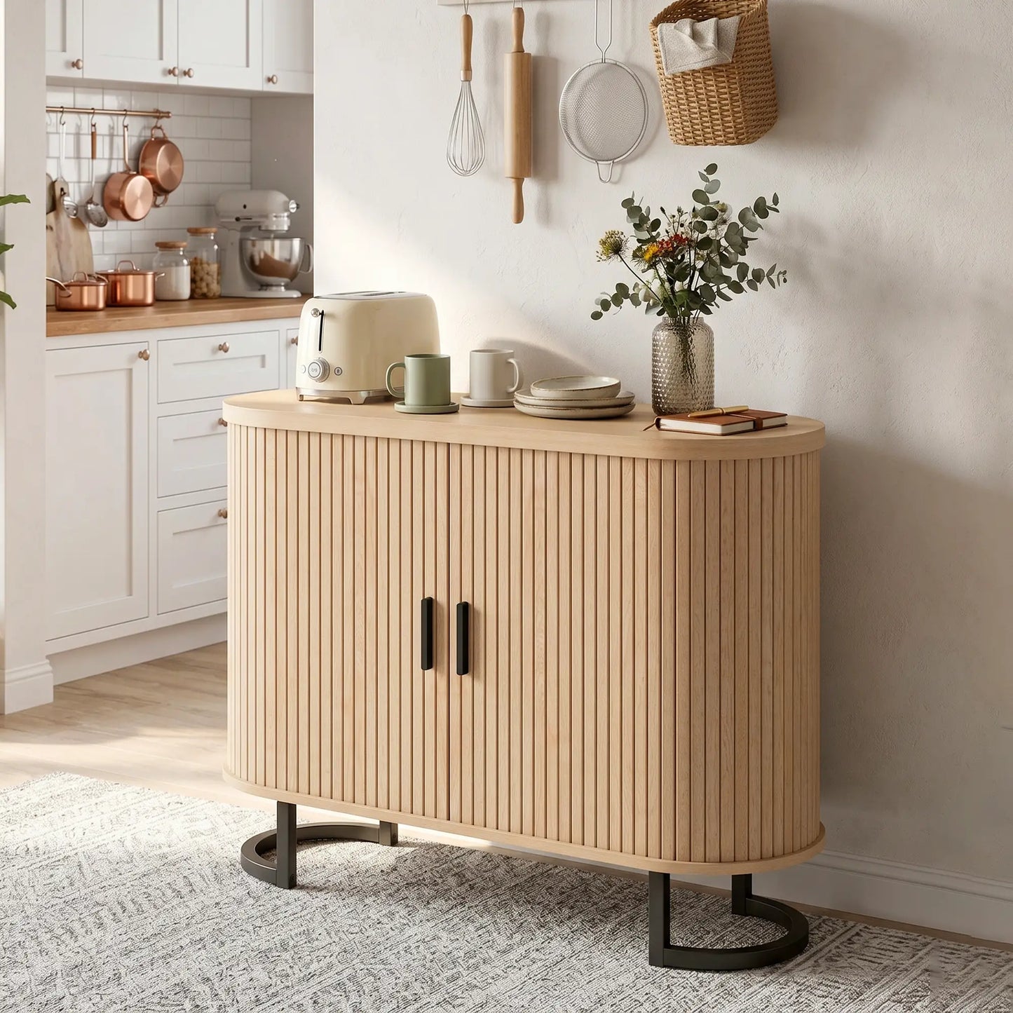 Sideboard Buffet Cabinet, Curved Tambour Doors, Natural Wood