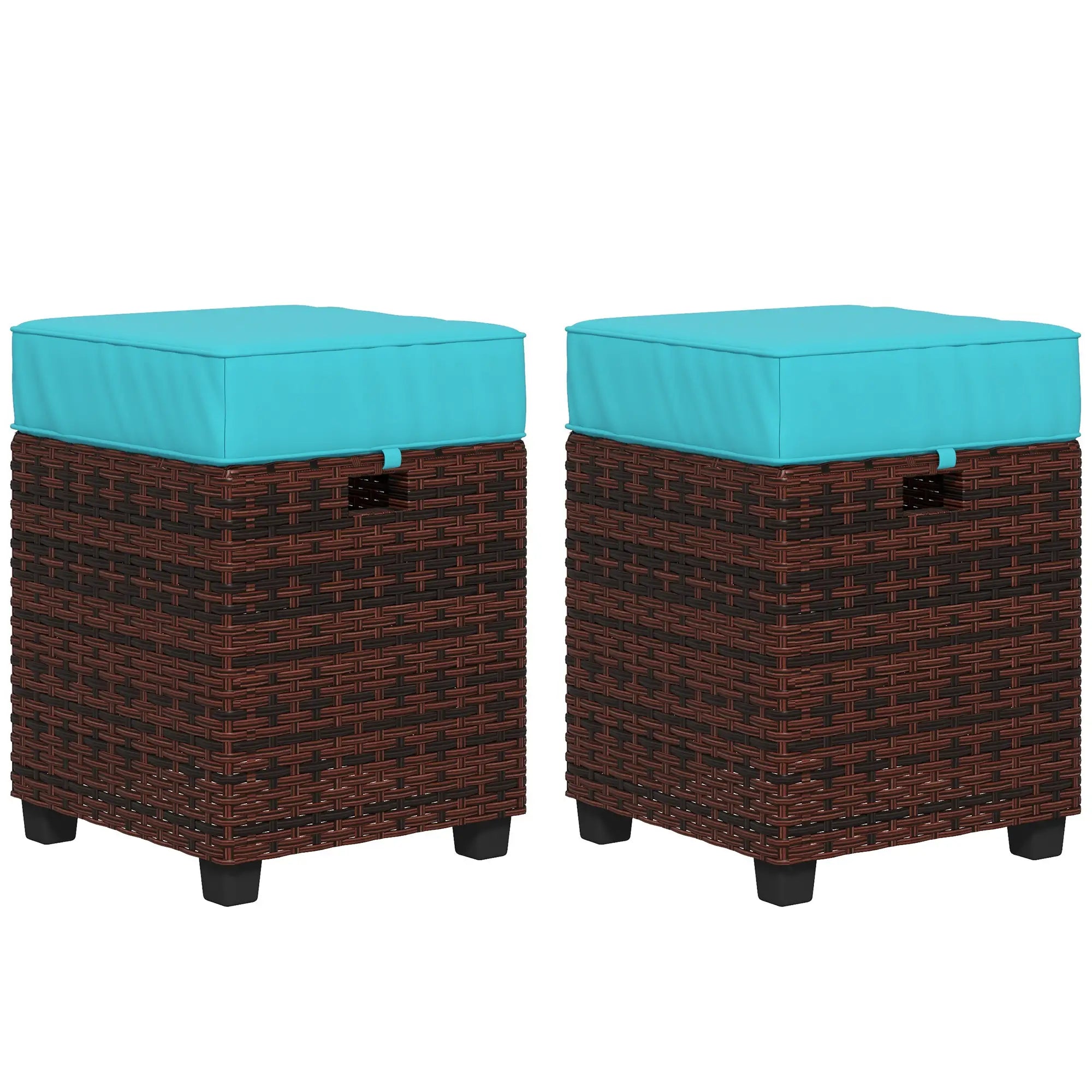 2 Pcs Square PE Rattan Ottoman Set, Outdoor Footrest with Removable Cushion, Sky Blue Patio Furniture Sets at Gallery Canada