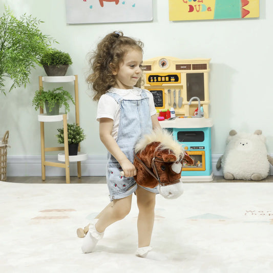 Unicorn Stick Horse, Plush Hobby Horse with Wood Wheels, Neighing Sounds, Brown Rocking Horses Brown at Gallery Canada