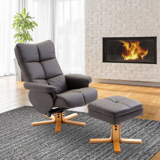 Leather Recliner and Ottoman Set Swivel Lounge Chair Wood Base Brown - Gallery Canada