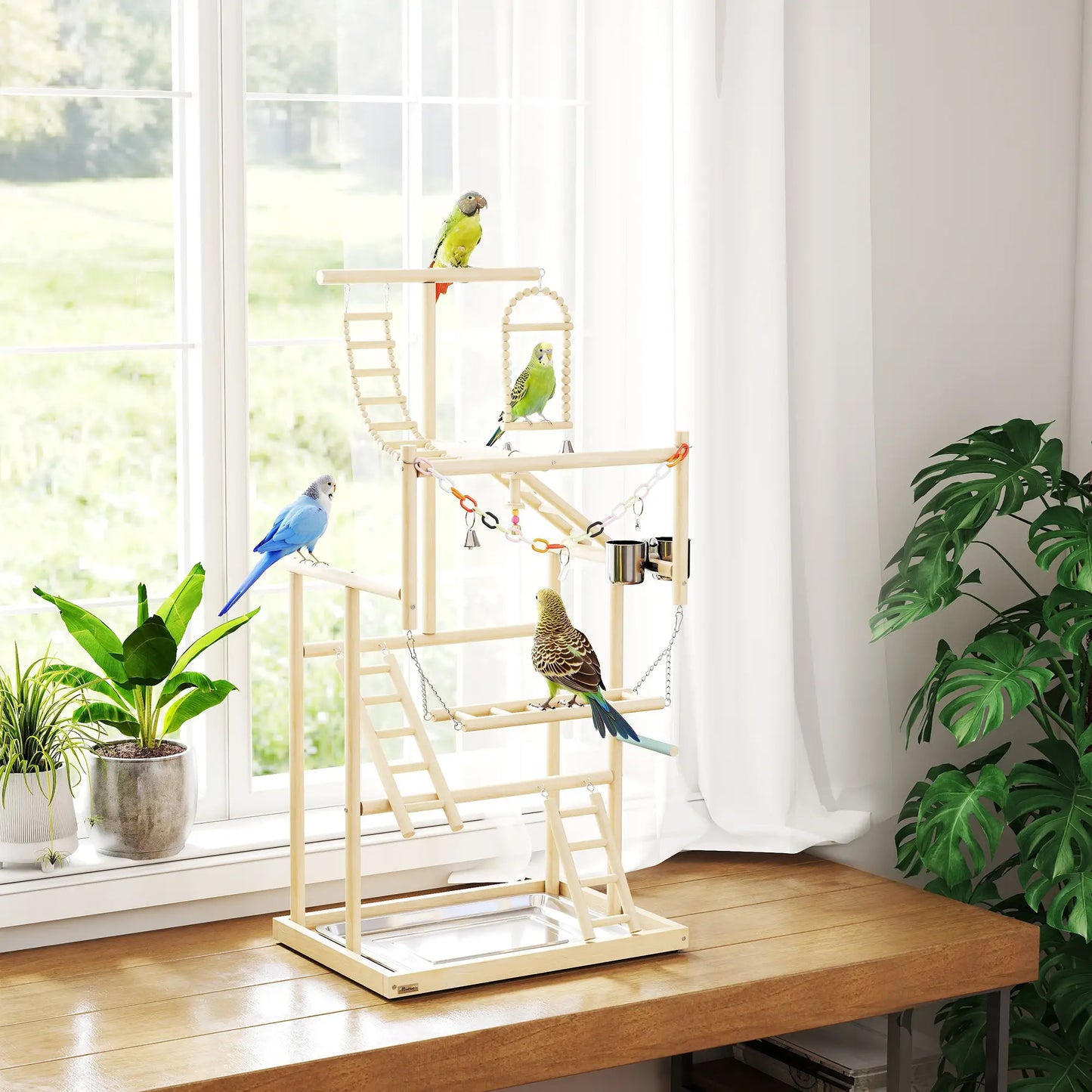 Bird Playground, 4 Layer Wooden Play Stand, Ladders, Chain Toy, Stainless Steel Cups Bird Cages at Gallery Canada