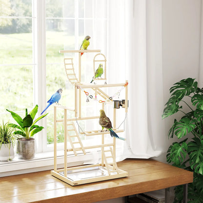 Bird Playground, 4 Layer Wooden Play Stand, Ladders, Chain Toy, Stainless Steel Cups Bird Cages at Gallery Canada
