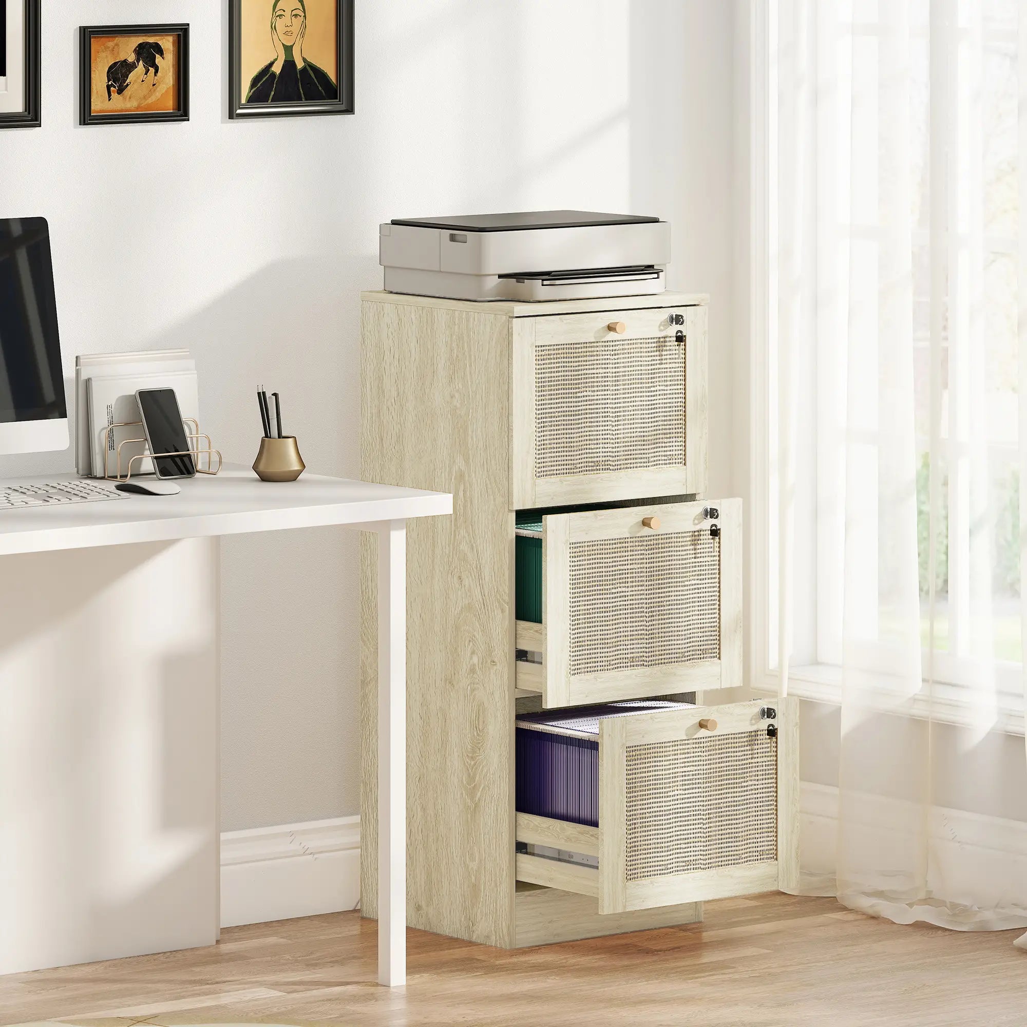 3 Drawer Filing Cabinet with Lock, Boho File Cabinet, A4 Letter Size, Oak Office Cabinets & Cupboards at Gallery Canada