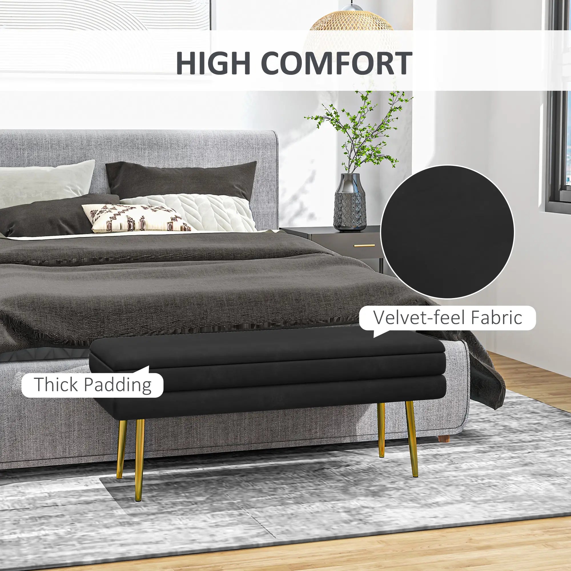 Velvet Upholstered Bench, Thick Padded Seat, Steel Legs, Black Storage Ottomans & Benches at Gallery Canada