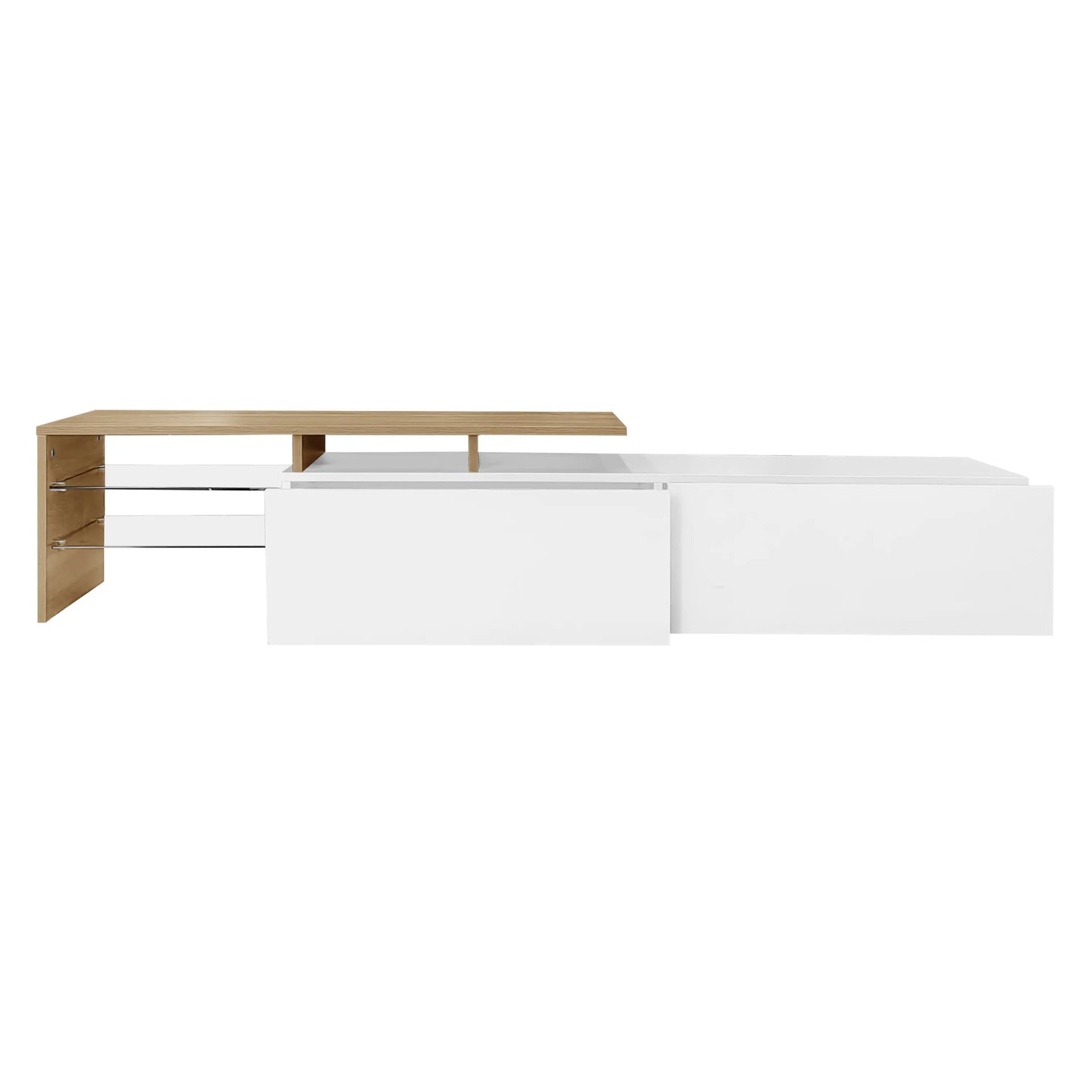 TV Stand With Glass Shelves, LED Lighting, 67" L x 13" W x 13" H, Natural, White TV Stands at Gallery Canada