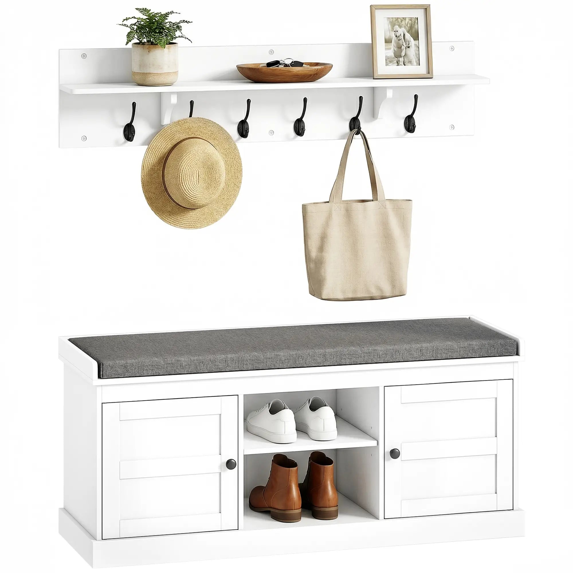 2-in-1 Coat Rack Shoe Bench With 6 Hooks, White Grey Shoe Storage Cabinets & Racks at Gallery Canada