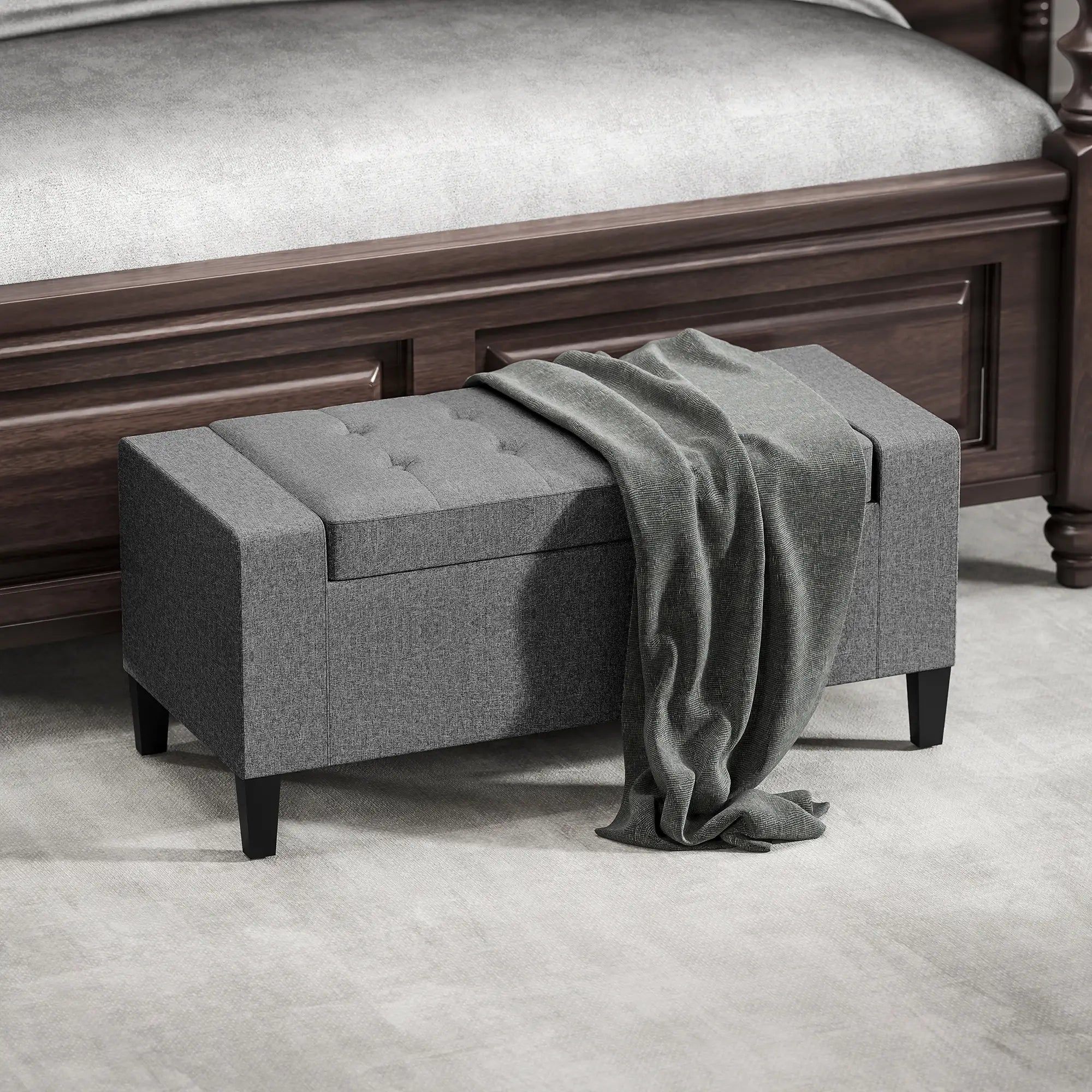Storage Ottoman Bench, Tufted Linen Fabric, Flipping Top, Grey Storage Ottomans & Benches at Gallery Canada