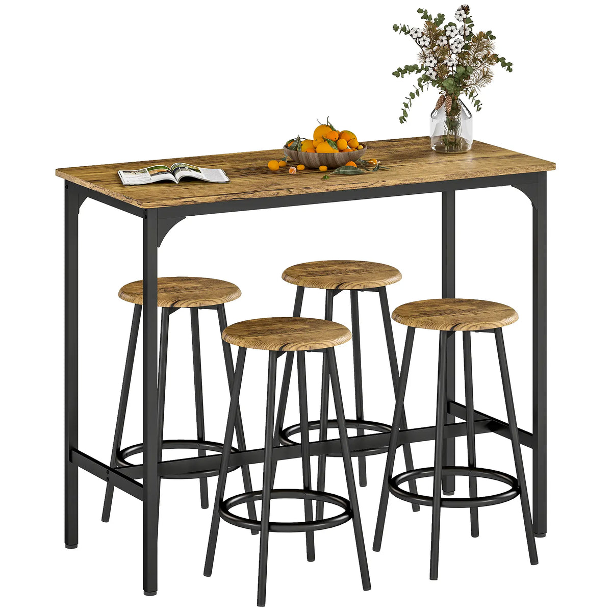 Ensemble de table de bar 5 pièces, hauteur de comptoir industriel, brun rustique, marron