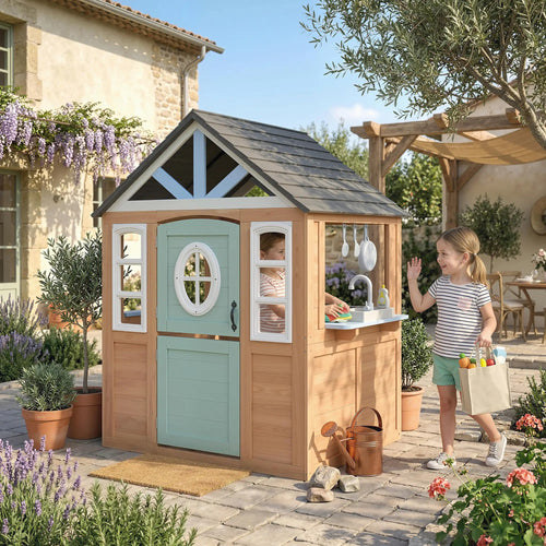 Kids Outdoor Playhouse, Wooden Cottage With Pet Door, Play Kitchen