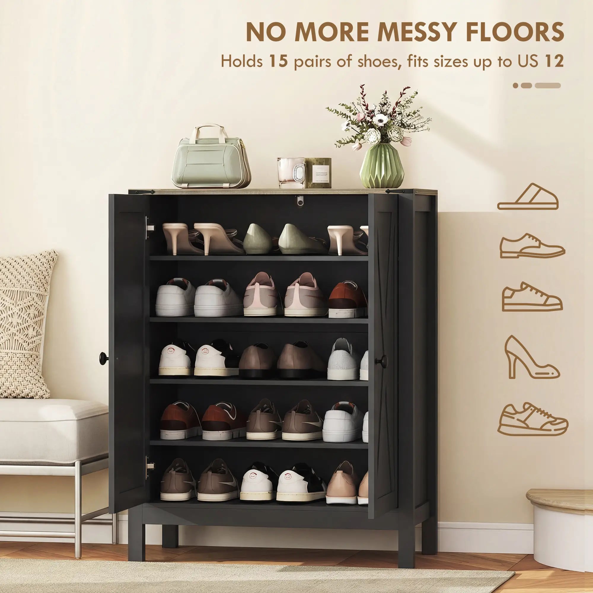 Shoe Cabinet With Barn Doors, Adjustable Shelves, 15 Pairs, Black Shoe Storage Cabinets & Racks at Gallery Canada