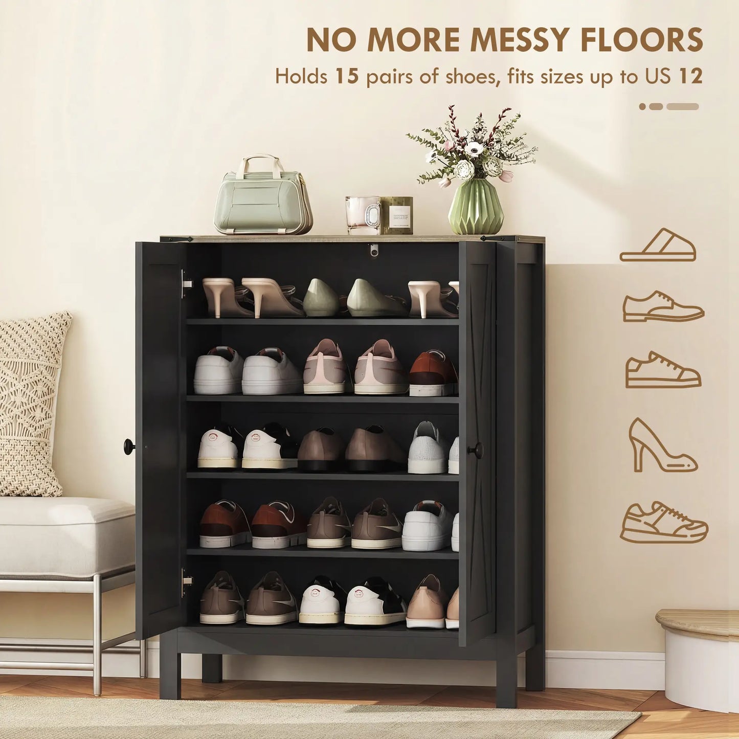 Shoe Cabinet With Barn Doors, Adjustable Shelves, 15 Pairs, Black Shoe Storage Cabinets & Racks at Gallery Canada