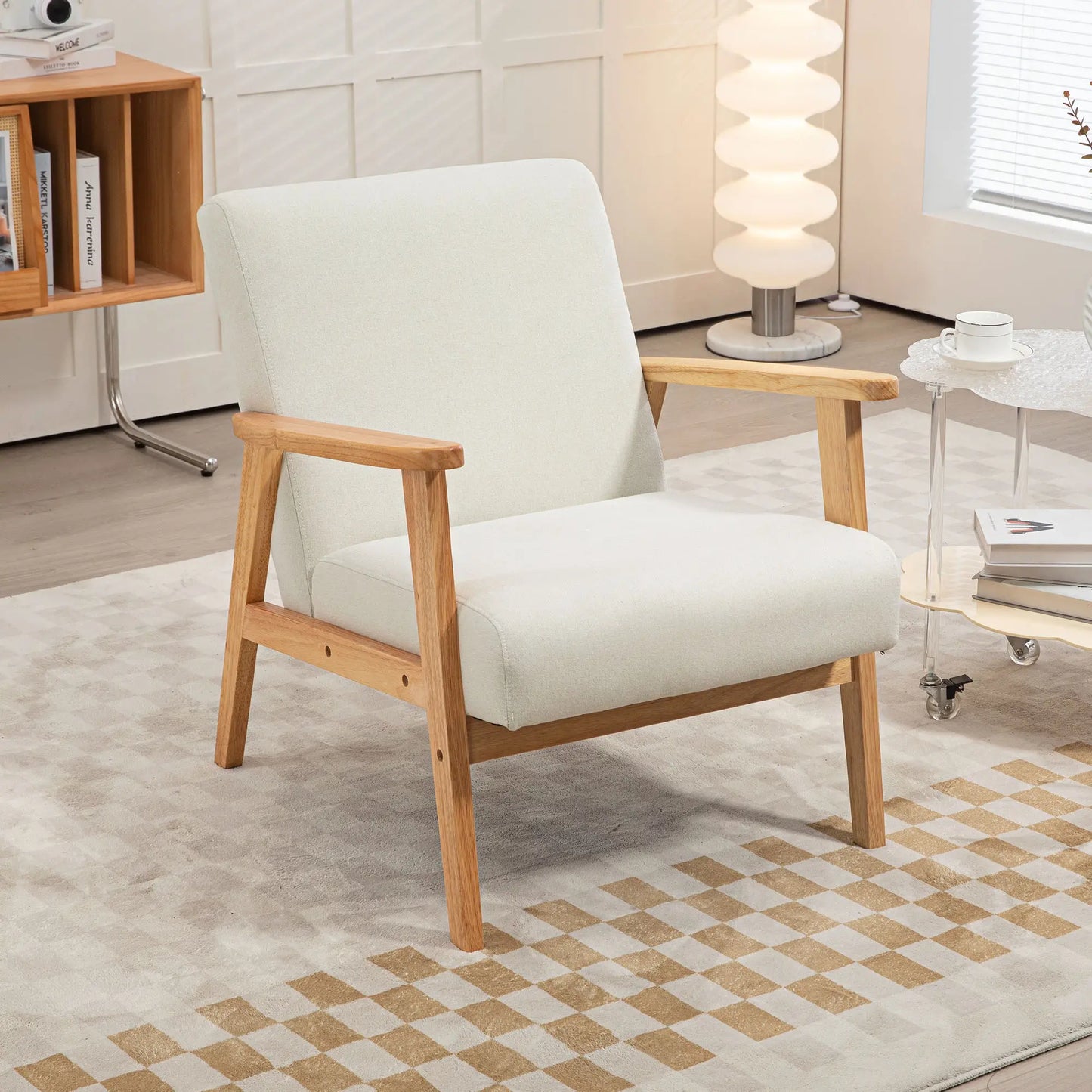 Mid-Century Modern Accent Chair Retro Fabric Armchair Wooden Arm Upholstered Lounge Chair for Living Room Cream White Accent Chairs at Gallery Canada