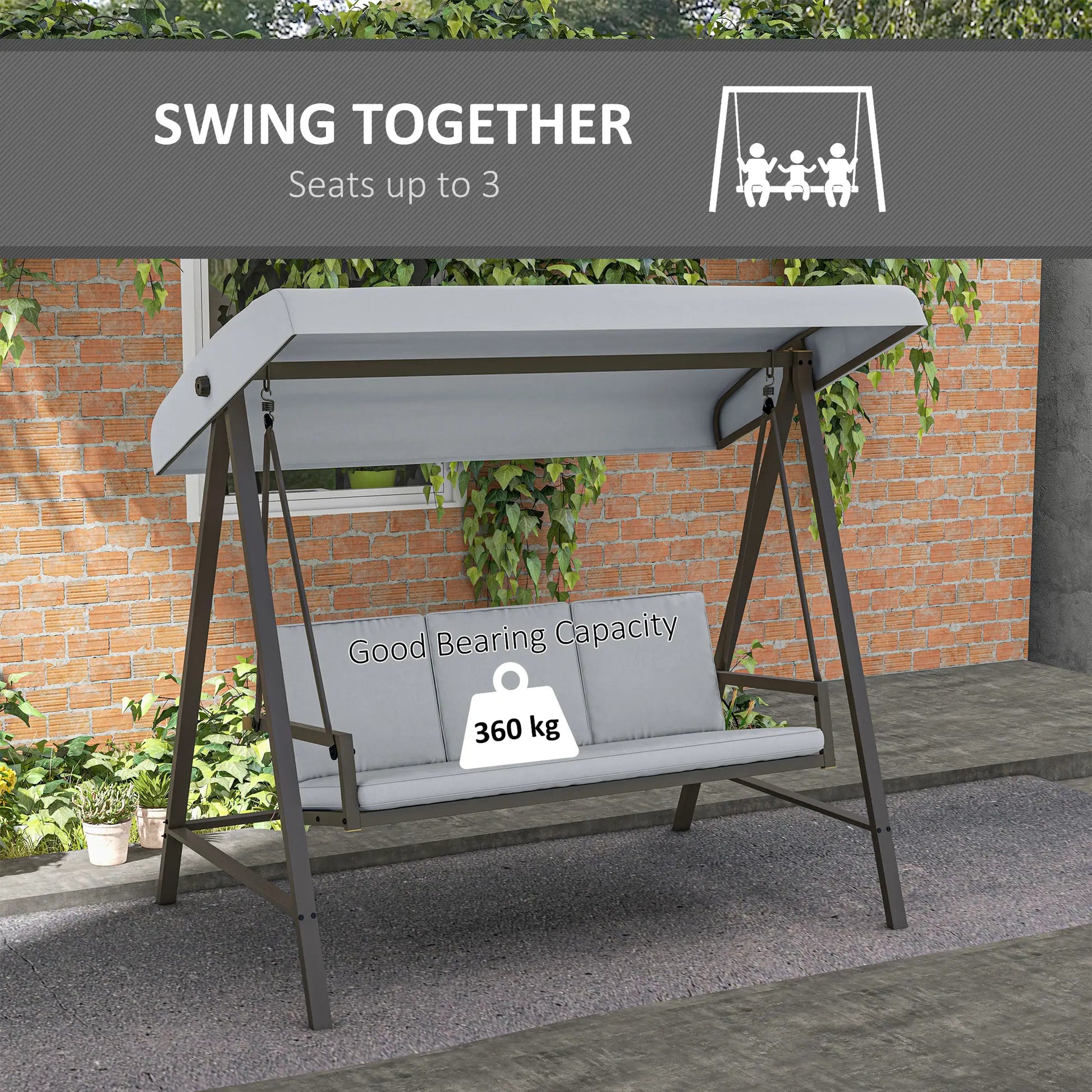 3 Seater Patio Swing Chair, Adjustable Canopy, Removable Cushions, Light Grey Patio Swings with Stand at Gallery Canada