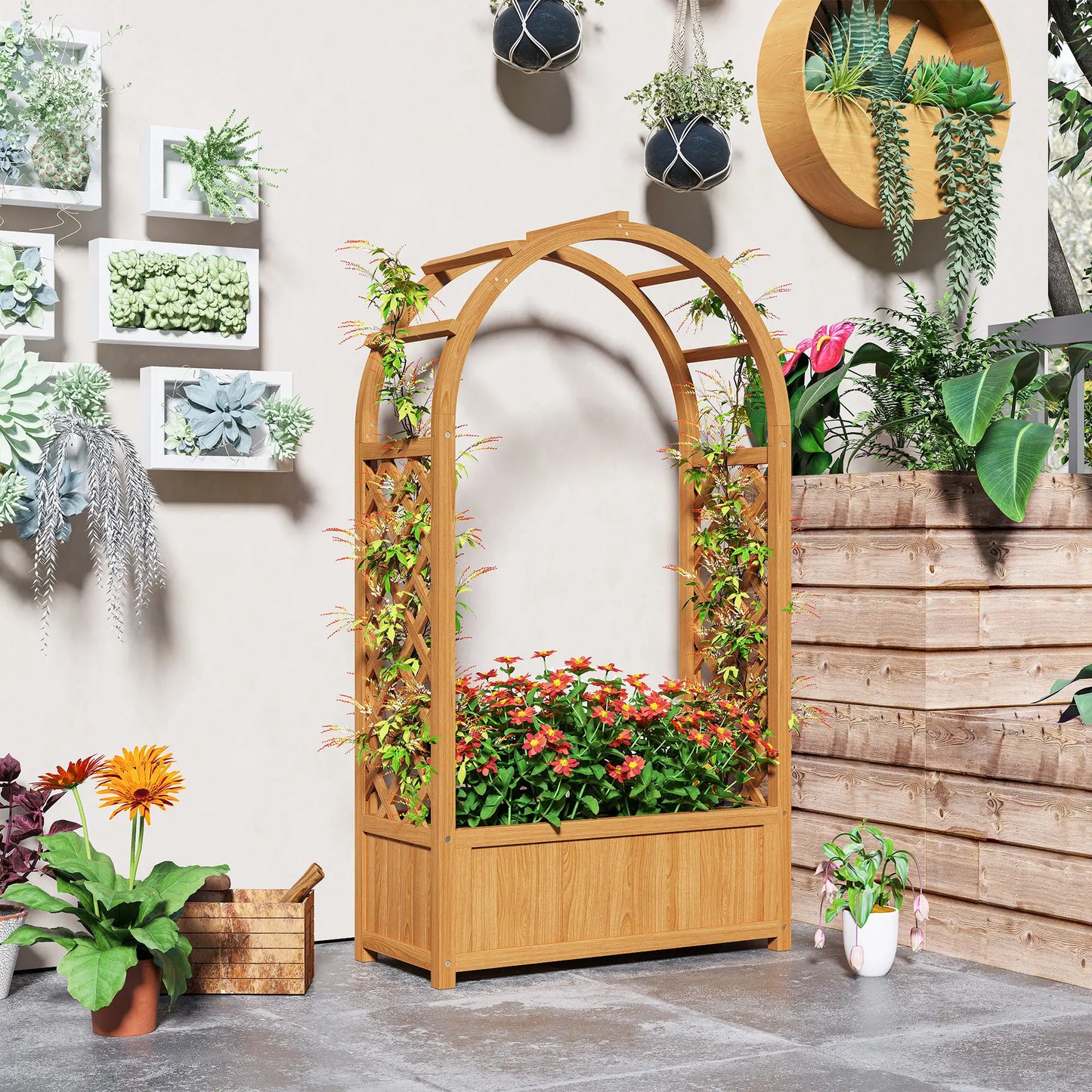 Wooden Raised Garden Bed With Arch Trellis, 33" x 14" x 57", Trellis Planter For Vine Plants Wooden Planter Boxes at Gallery Canada