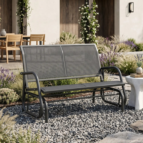 Patio Double Glider Sling Bench, Steel Garden Swing Chair, Grey