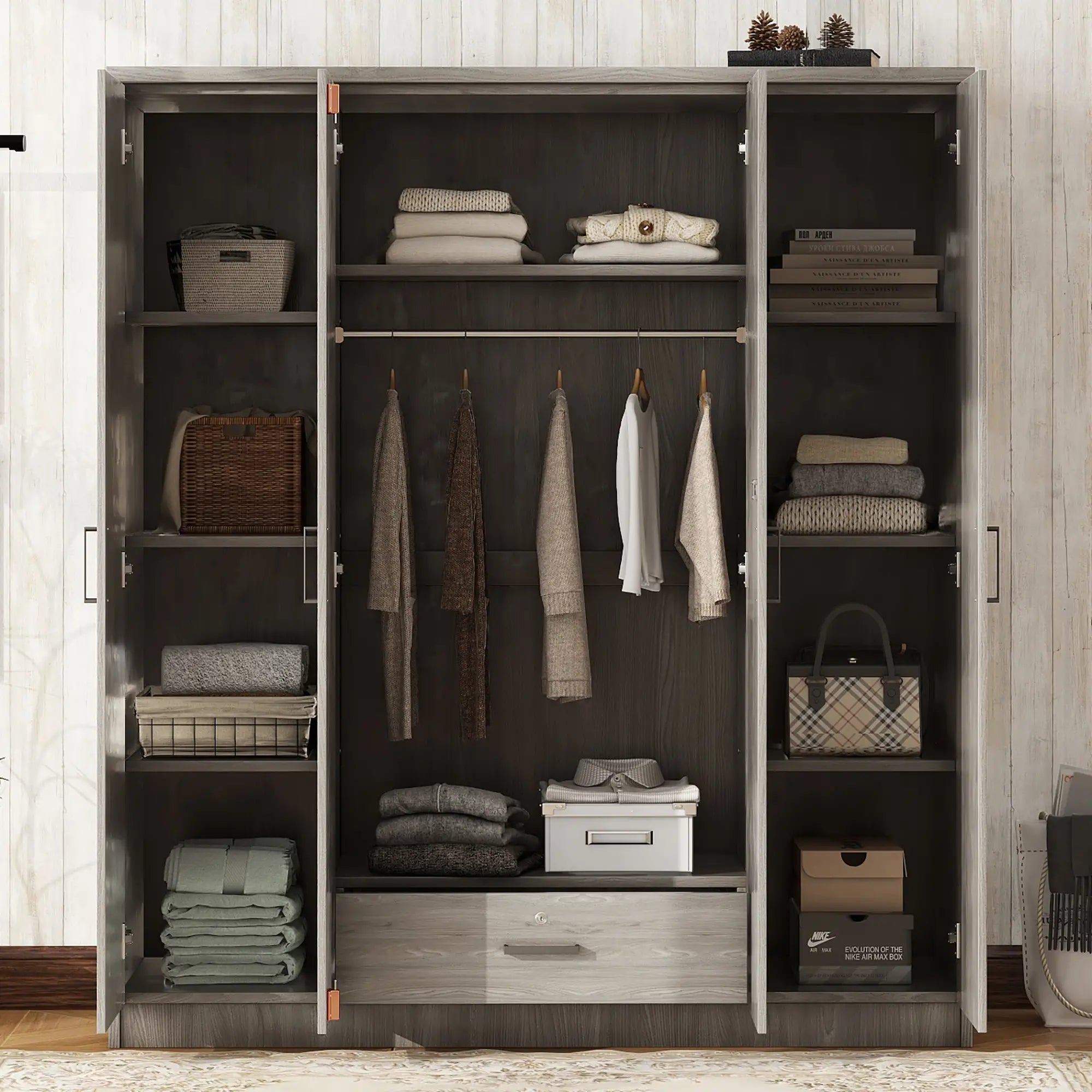 Wardrobe with Hanging Rail, Locking Drawer, Black Handles, 59
