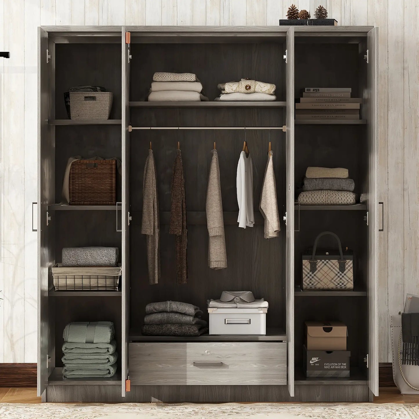 Wardrobe with Hanging Rail, Locking Drawer, Black Handles, 59" L x 20" W x 68" H, Grey Clothing Storage at Gallery Canada