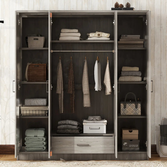 Wardrobe with Hanging Rail, Locking Drawer, Black Handles, 59" L x 20" W x 68" H, Grey Clothing Storage Grey at Gallery Canada