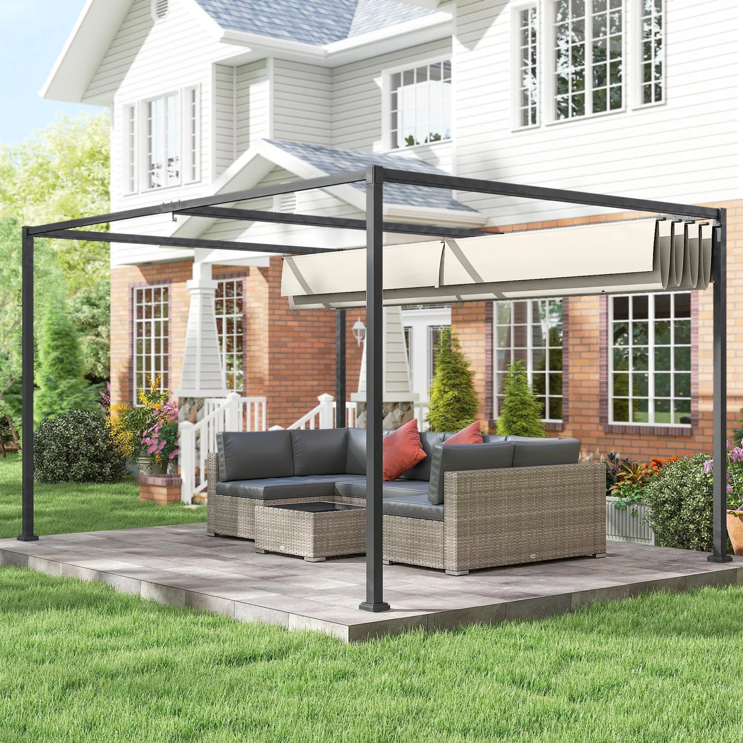 10' x 7' Patio Pergola, Retractable Canopy, Outdoor Sun Shelter, Cream White Pergolas at Gallery Canada