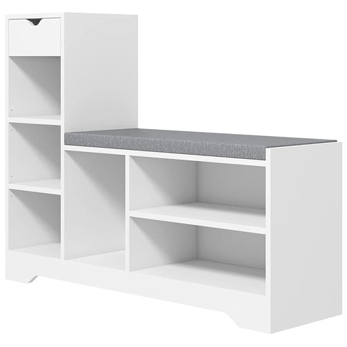 Upholstered Shoe Storage Bench With Seat, Drawer, 6 Shelves, White