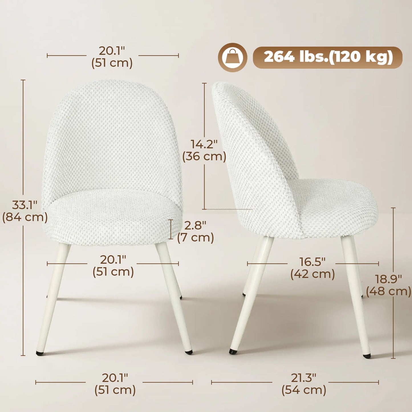 Velvet Upholstered Dining Chairs Set Of 2, Metal Legs, White