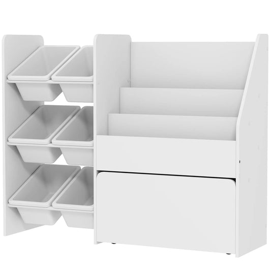 Bibliothèque pour Enfants avec Rangement de Jouets, Étagère 3 Niveaux avec 6 Bacs Amovibles, Blanc