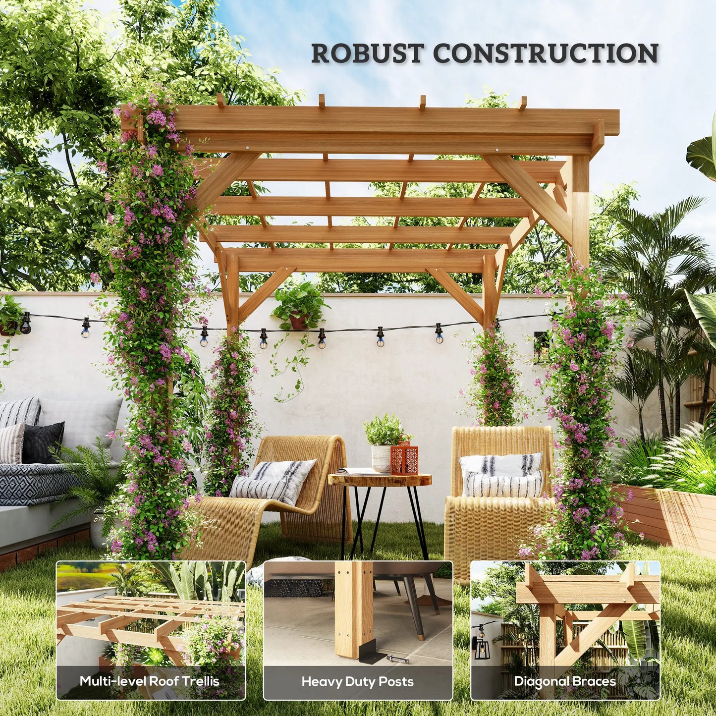6.6' x 6.6' Wood Pergola, Outdoor Gazebo Grape Trellis, Dark Brown Pergolas at Gallery Canada