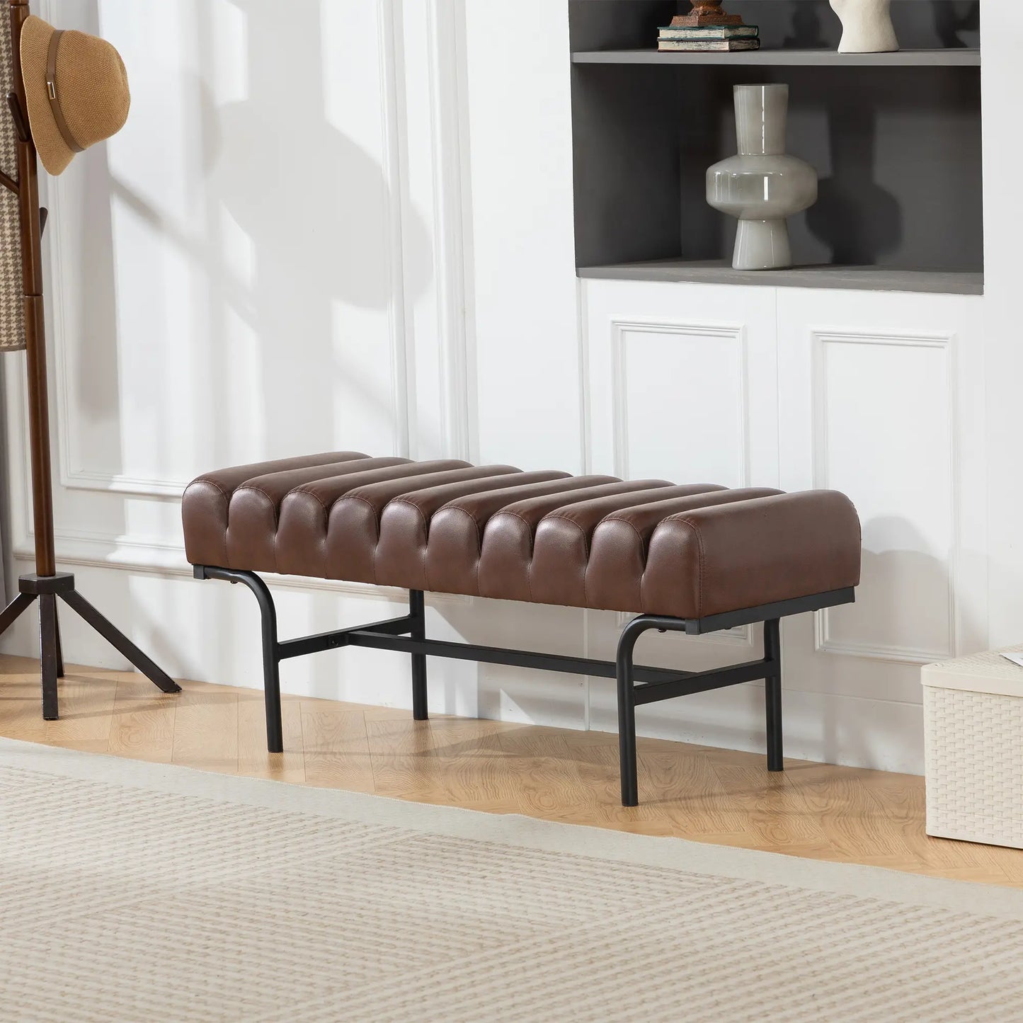 PU Leather Bed Bench, Cylindrical Seat, Metal Legs, Brown Storage Ottomans & Benches at Gallery Canada