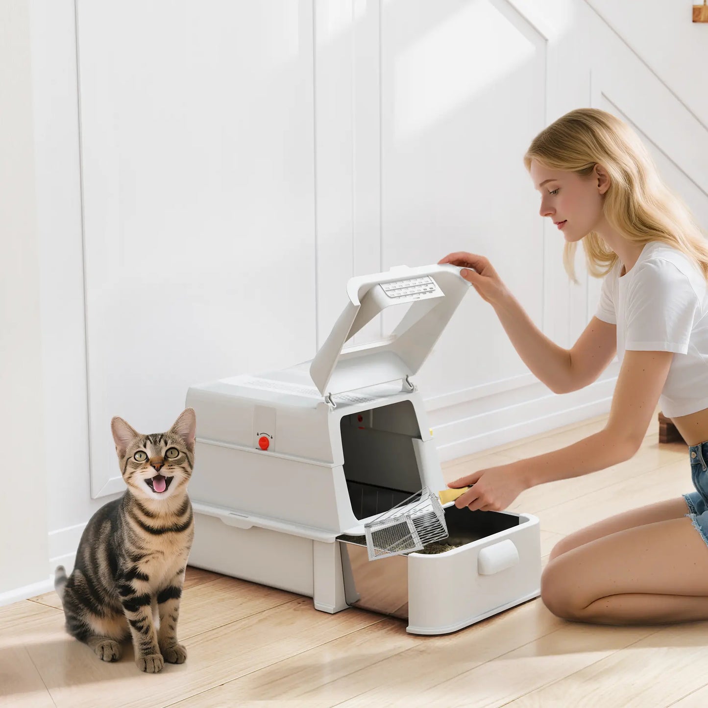 80L XL Stainless Steel Cat Litter Box, Flip Cover, Pull-Out Drawer, High Sided, Pedal, Light Grey Cat Litter Box Enclosures at Gallery Canada