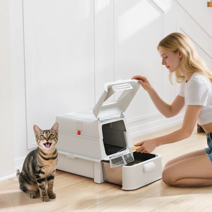 80L XL Stainless Steel Cat Litter Box, Flip Cover, Pull-Out Drawer, High Sided, Pedal, Light Grey Cat Litter Box Enclosures at Gallery Canada