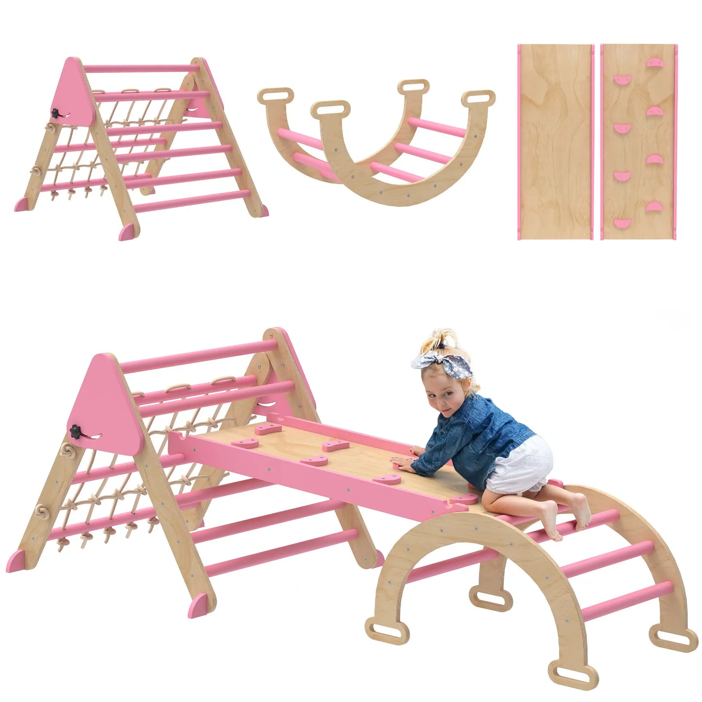 8-in-1 Pikler Triangle Set, Foldable Wooden Climbing Toys, Pink Kids Gym & Playmats at Gallery Canada