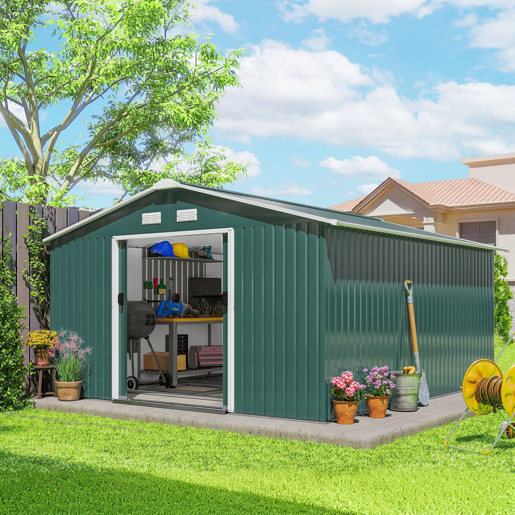 11' x 13' Garden Storage Shed, Double Sliding Door, 4 Ventilation Slots, Green Sheds at Gallery Canada
