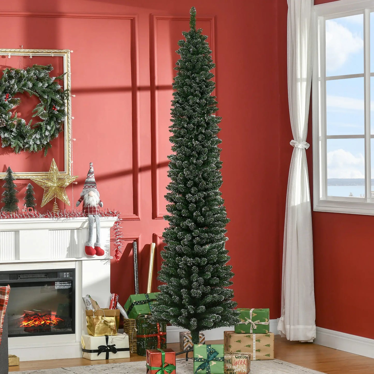 7.5FT Artificial Snow Dipped Christmas Tree, Foldable Stand, Green Pencil Christmas Trees at Gallery Canada
