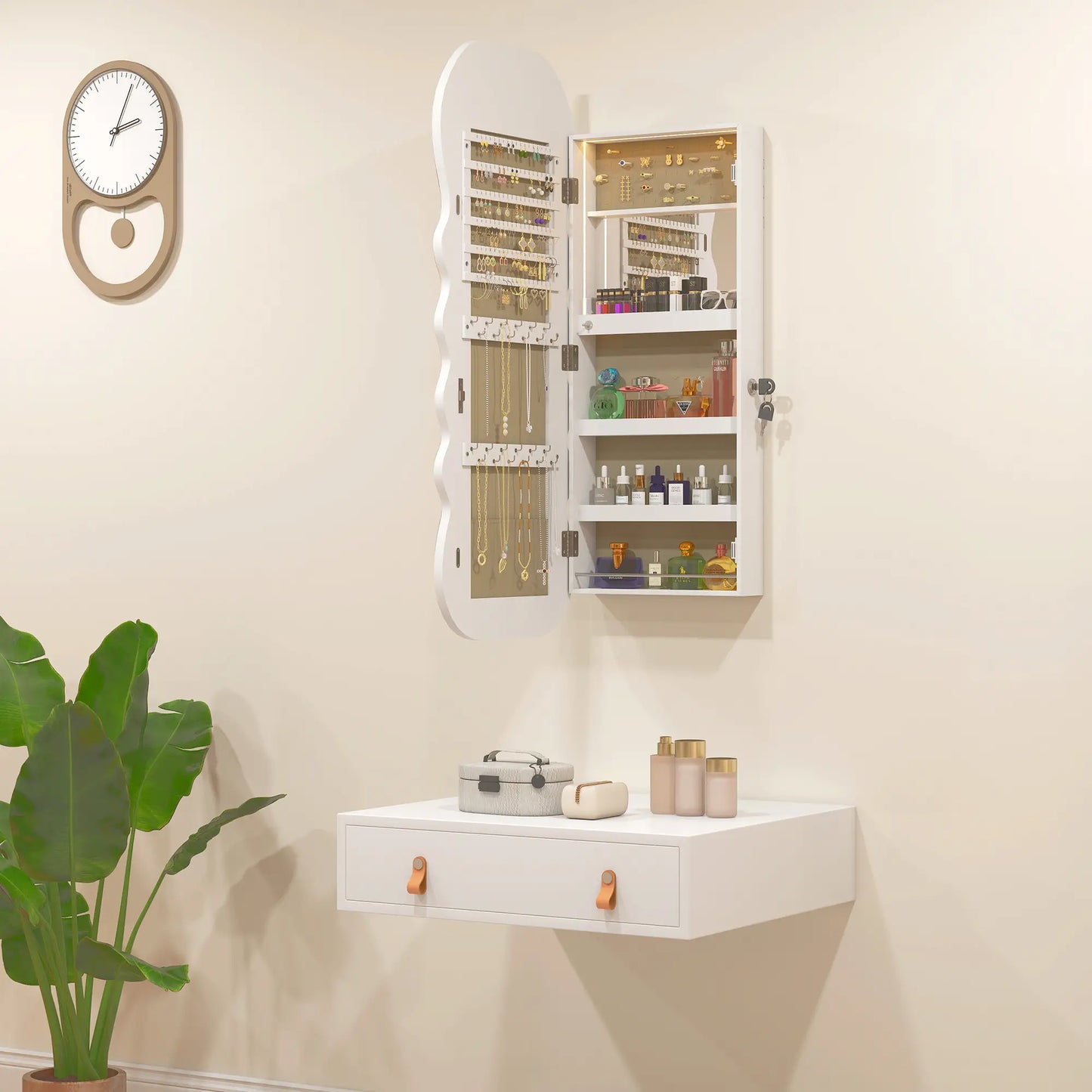 Jewelry Armoire Cabinet With Lights, Wall Mounted, Full Length Mirror, White Jewellery Armoire & Jewellery Mirror Cabinets at Gallery Canada