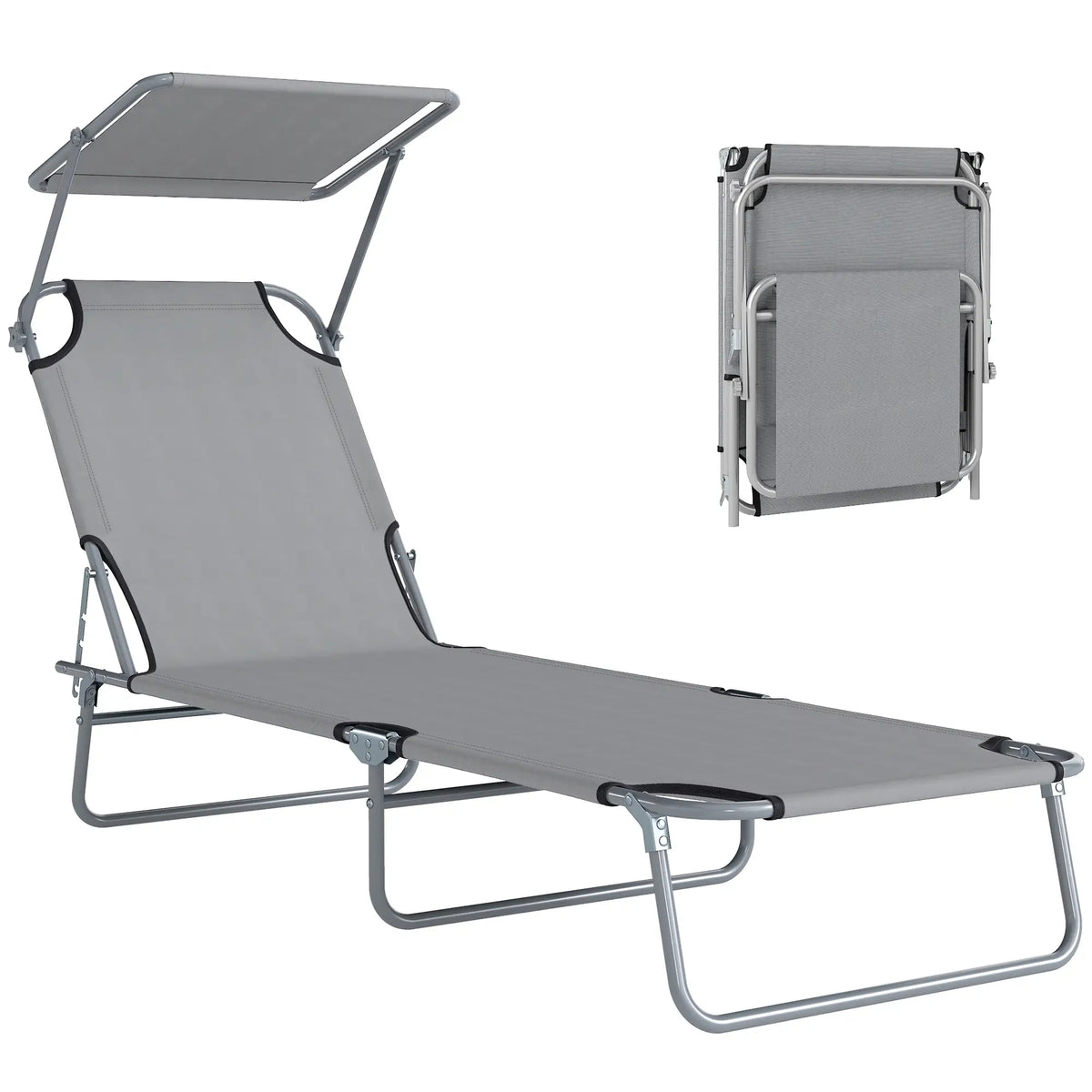 Outdoor Lounge Chair, Adjustable Folding Chaise, Sun Shade, Light Grey