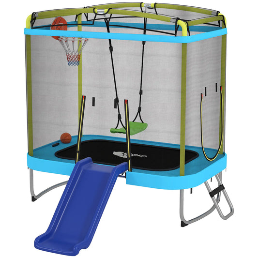 70" x 47" Trampoline With Slide, Swing, Basketball Hoop, Light Blue