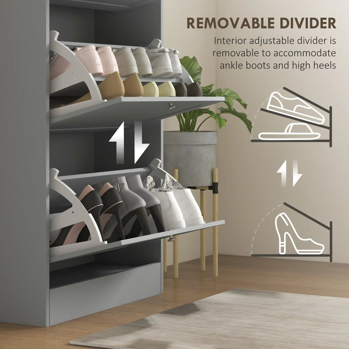 Modern Shoe Storage, 3 Flip Drawers, Adjustable Shelves, 18 Pairs, Grey Shoe Storage Cabinets & Racks at Gallery Canada